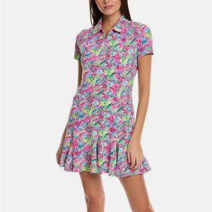Ibkul Peacock Print Short Sleeve Godet Quarter Zip Polo Dress Hot Pink NWT